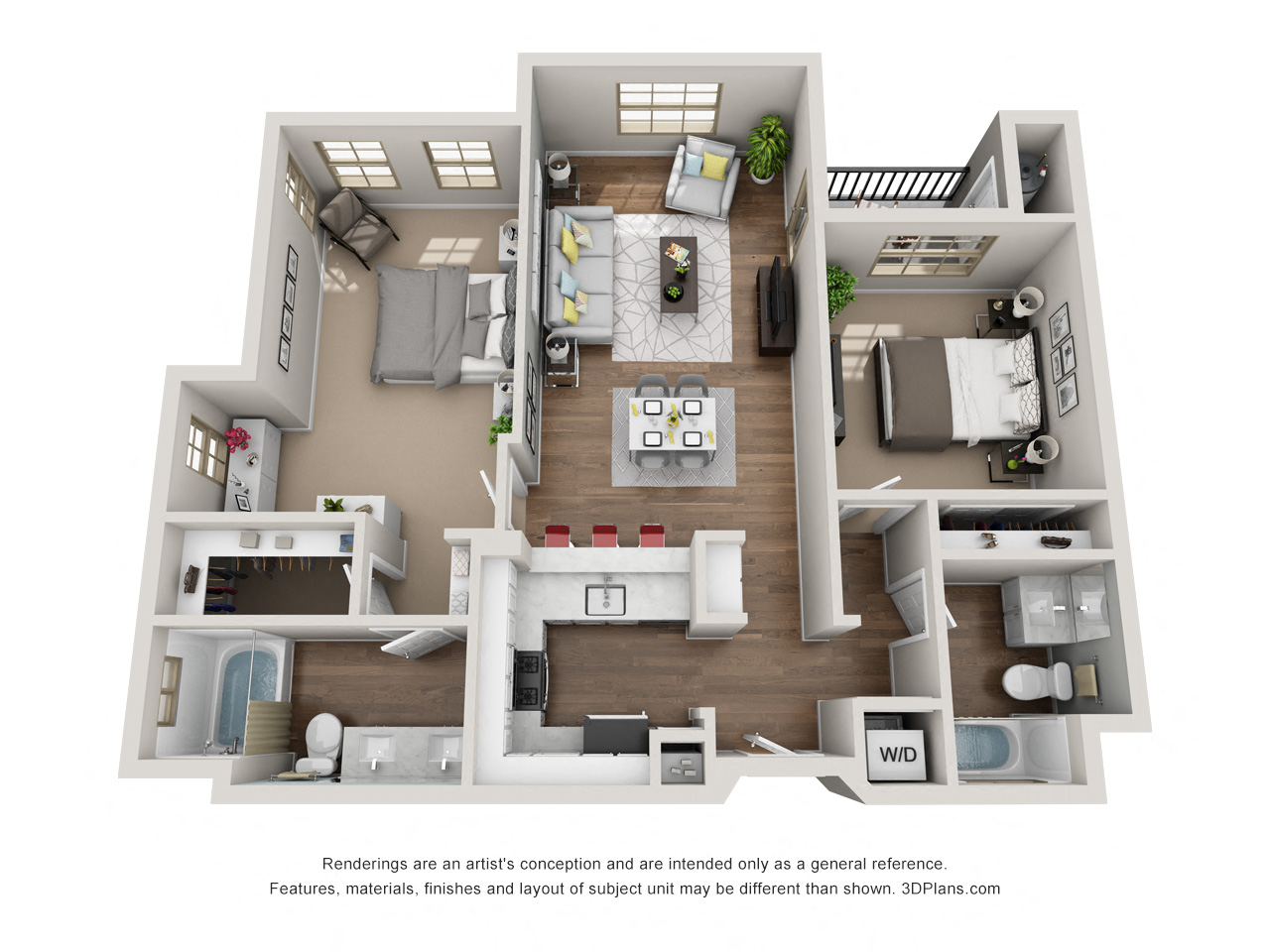 Floor plan for 2 beds, 2 baths, 1029 sqft